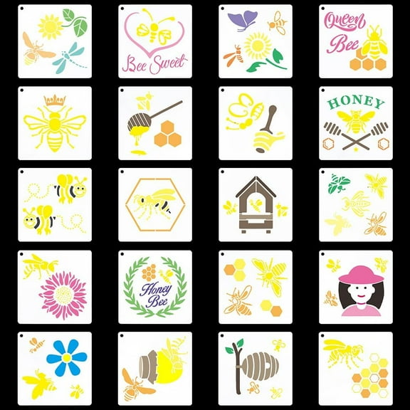 20PCS Bee Honey Stencils 15x15cm Bee Honeycomb Template Beehive Flowers Sweet Butterfly Dragonfly Pattern Reusable Drawing Stencils for DIY Painting on Wood Fabric Wall Furniture Card Making