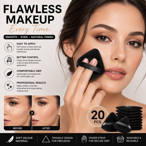 20PCS Black Triangle Powder Puff Set, Soft Velour Makeup Powder Puffs with Finger Strap, Reusable Face Powder Puff for Loose Powder, Foundation, Setting Powder and Makeup Blending