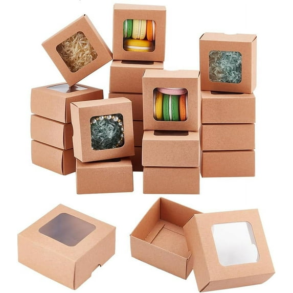 20PCS Brown Kraft Paper Box with Transparent Window 3.15x3.15x1.57inch Square Kraft Paper Gift Box for Wedding Party Gifts Jewellery Packaging