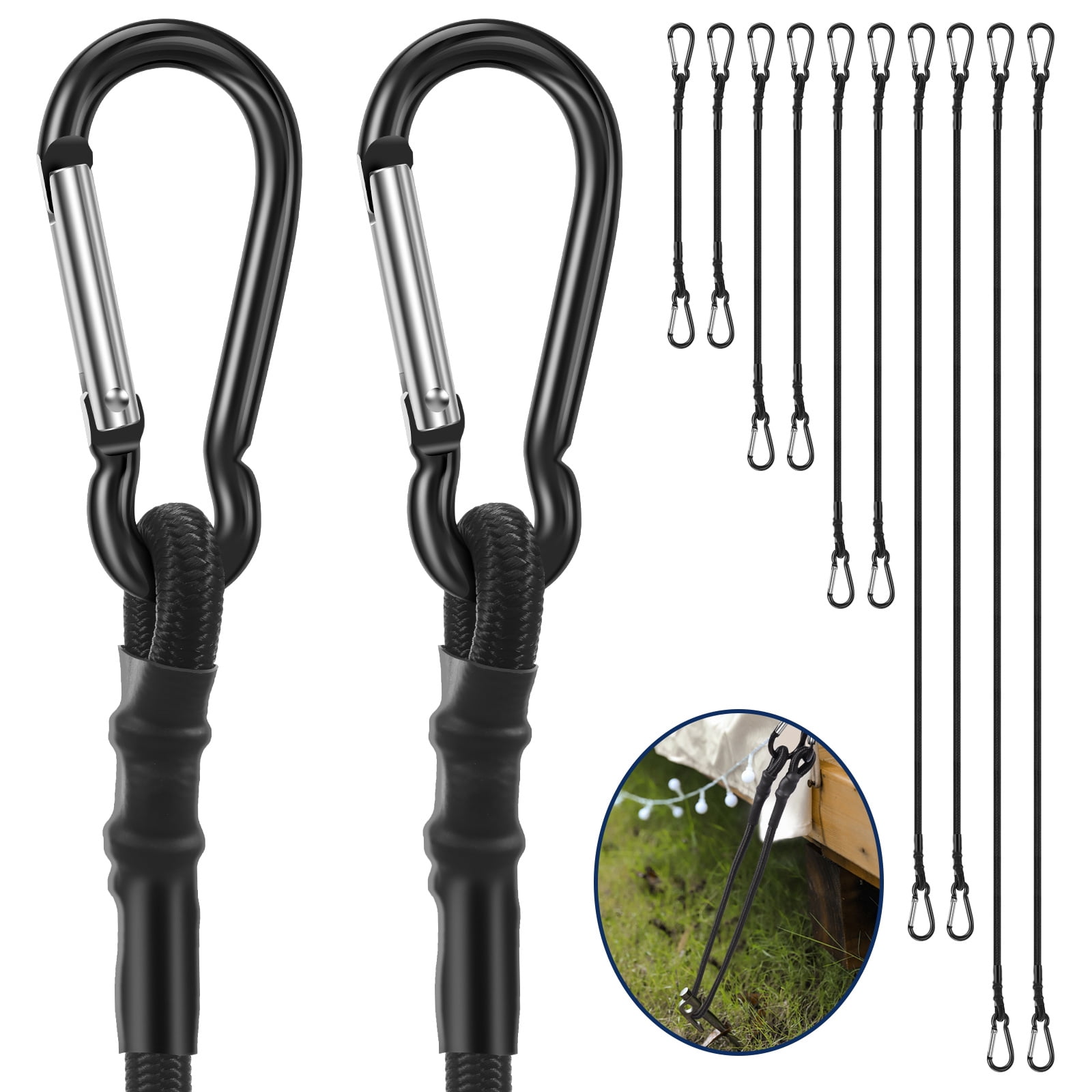 20PCS Bungee Cord with Carabiner Hook Heavy Duty Outdoor Black Bungee Strap Strong Elastic Rope for Securing Tarp Luggage Tent Bike 12in/18in/24in/36in/48in