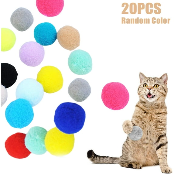 20PCS Cat Toy Balls Soft Kitten Pompon Toys Indoor Cats Interactive Playing Quiet Ball Cats Favorite Toy Assorted，1.18inch，Random Color