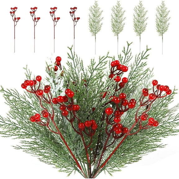 20PCS Christmas Artificial Cedar Branches and Red Berry Stems, Faux Snowy Pine Needles Twigs, for Xmas Wreath Garland Home Vase Wedding Party Decor