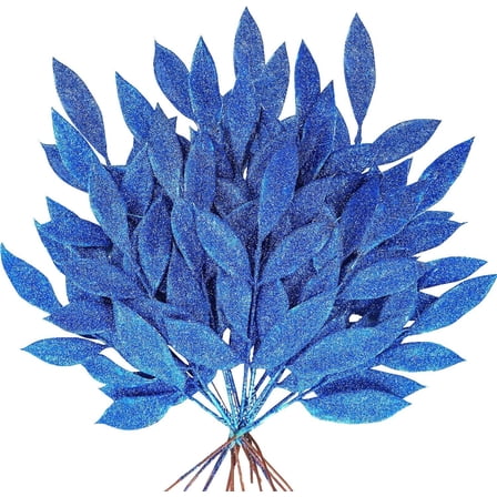 20PCS Christmas Artificial Leaves,Glitter Blue Fake Floral Spray Picks Branches Twig for Xmas Tree Wreath Wedding Bouquet Decoration