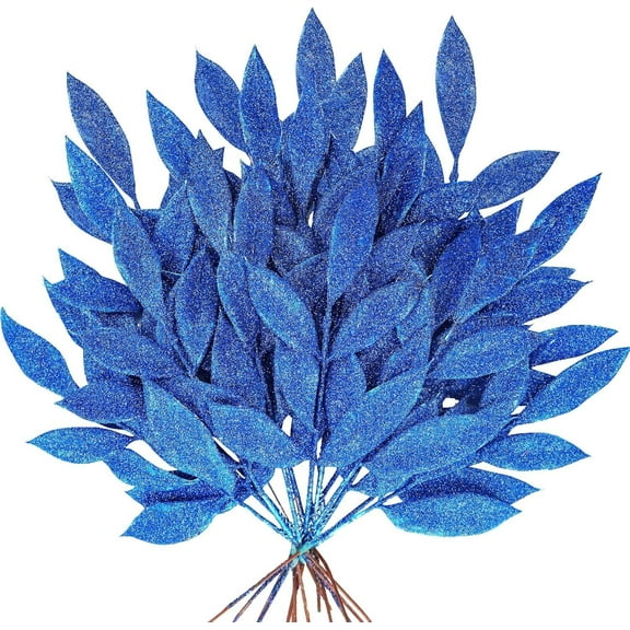 20PCS Christmas Artificial Leaves,Glitter Blue Fake Floral Spray Picks Branches Twig for Xmas Tree Wreath Wedding Bouquet Decoration