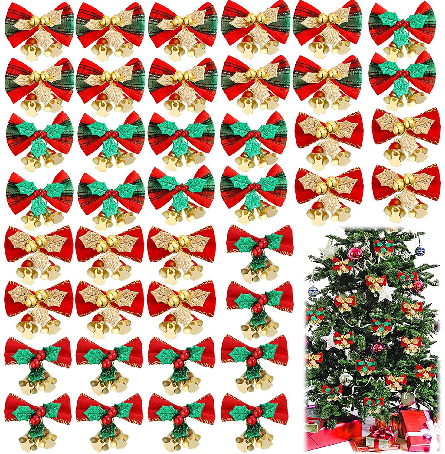 20PCS Christmas Bow with Bells for Crafts Christmas Mini Bowknot Ornament Craft Present Bow Christmas Tree Wreaths Hanging Decor