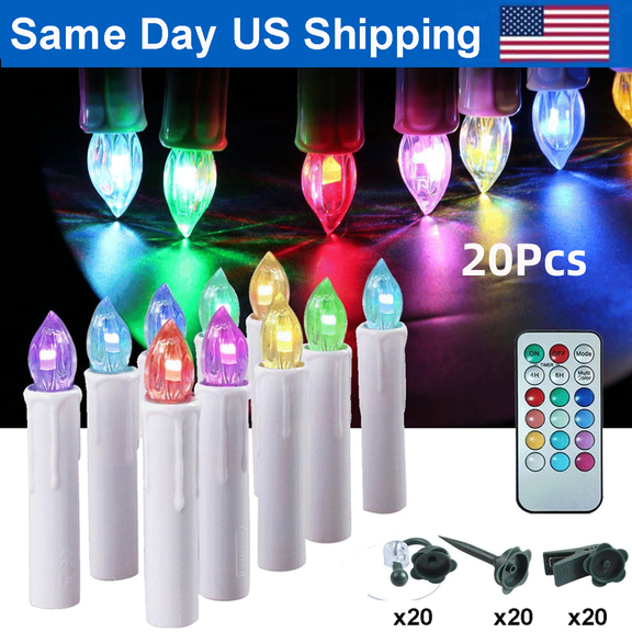 20PCS Christmas LED Window Candles, Flameless Taper Candles Light with Remote Timer/Clips, Colorful Light for Home Indoor Outdoor Christmas Trees Decor