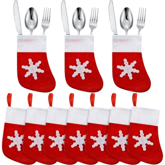 20PCS Christmas Sock Tableware Bags Silverware Holders Xmas Dinnerware Decorations Mini Christmas Stockings Santa Spoon Fork Storage Bags for Xmas Dinner