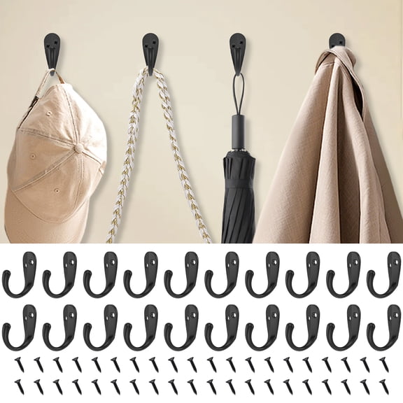 20PCS Coat Hooks Wall Mounted Single Prong Robe Wall Hook for Living Room Bathroom Kitchen Bedroom for Coat Bag Scarf Towel Hat Key Cup,Black