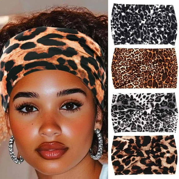 Boho Headbands Black Yoga Leopard Hair Bands Stretch Wide Head Bands Twist Turban Knot Sweatbands Elastic Hair Wraps for Women and Girls