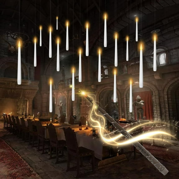 20PCS Floating Candles with Wand Remote, Magic Hanging Candle with Timer, Flickering Warm Light Floating Candles for Halloween Christmas Birthday Party Decor