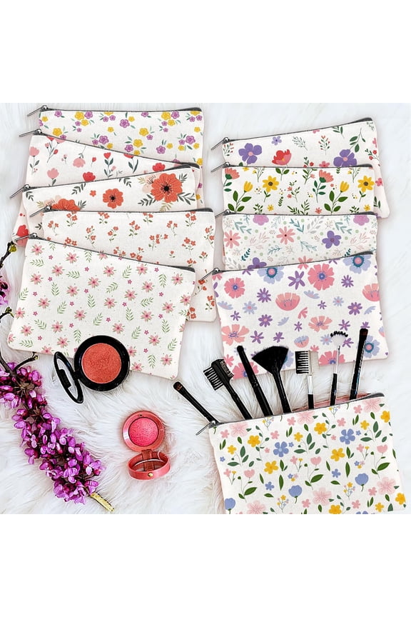 20PCS Flower Canvas Makeup Bags Bulk Floral Cosmetic Bags for Women and Girls Spring Multicolor Travel Pouch Wildflower Canvas Toiletry Bag Bulk Makeup Organizer Bags Group Gifts for Women
