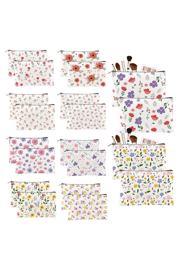 20PCS Flower Canvas Makeup Bags Bulk Floral Cosmetic Bags for Women and Girls Spring Multicolor Travel Pouch Wildflower Canvas Toiletry Bag Bulk Makeup Organizer Bags Group Gifts for Women for DIY