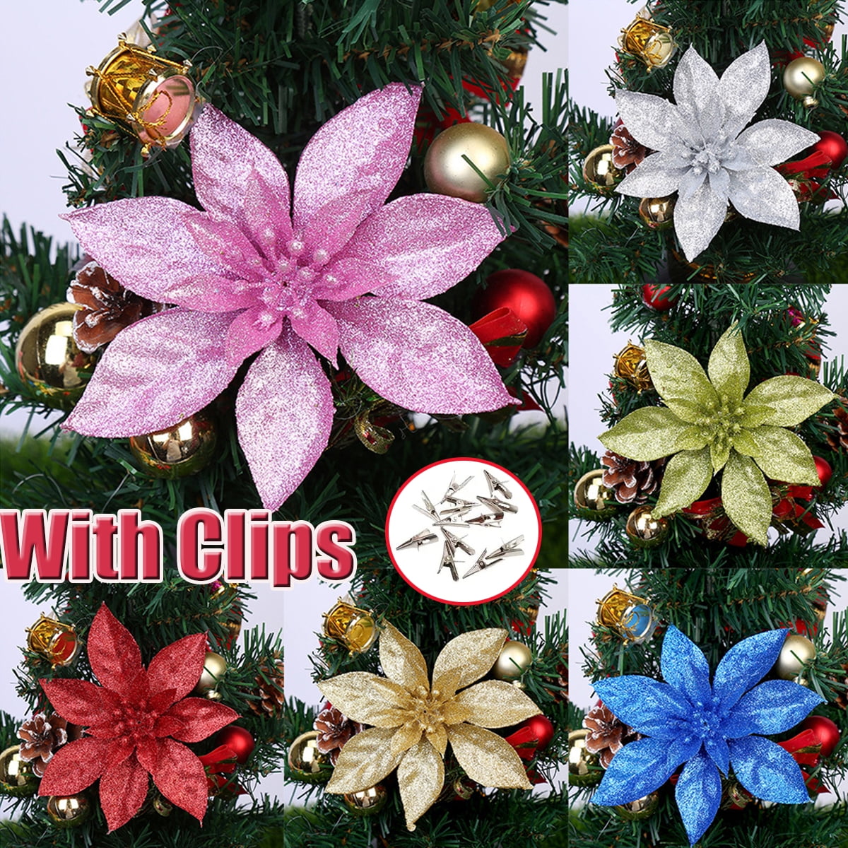 20PCS Glitter Christmas Flowers with 20PCS Clips Artificial Poinsettia