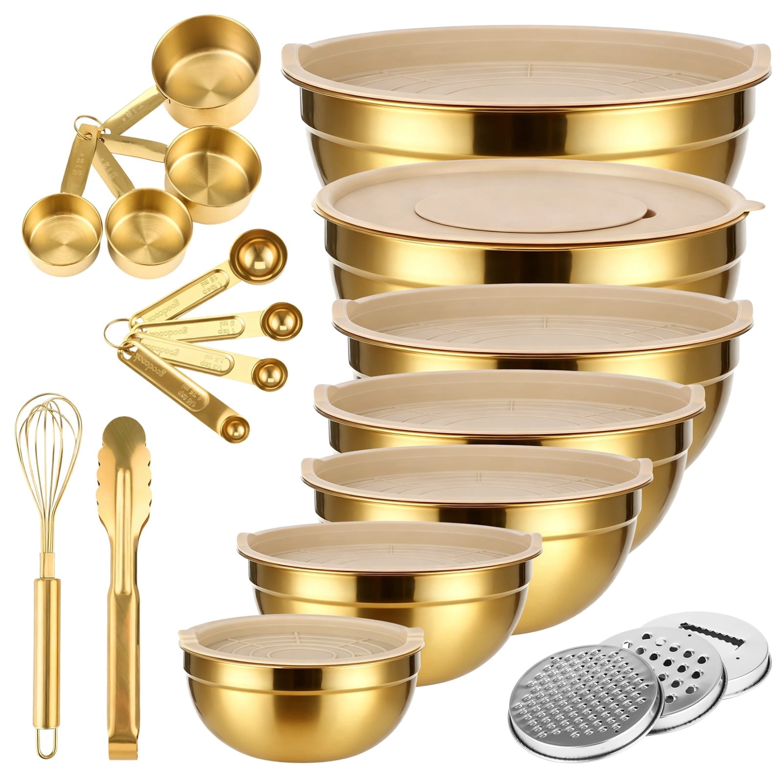 20PCS Golend Stainless Steel Mixing Bowl Set with Lids, 7 Mixing Bowls with 3 Graters, 8 Measuring Spoons, 1 Whisk, and 1 Food Tong, Nesting Bowl Set for Baking, Cooking, Meal Prep - Walmart.com