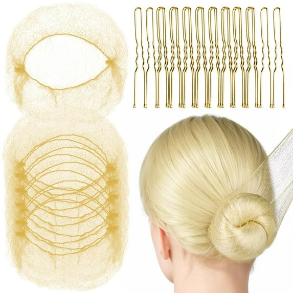 20PCS Hair Nets Invisible, Gold Elastic Edge Mesh, 20inch(50cm), for Bun & 40PCS U Shaped Hair Pins, Gold, 2.4inch(6cm), for Women, girls, Ballet Bun Maker Dance