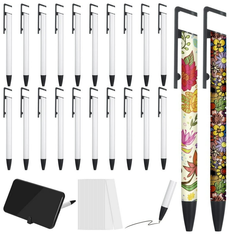 20pcs Heat Transfer Ballpoint Pens, Blank Sublimation Pens with Shrink Wrap Sleeves, White Coated Aluminum Customized Clip Pens for School Office