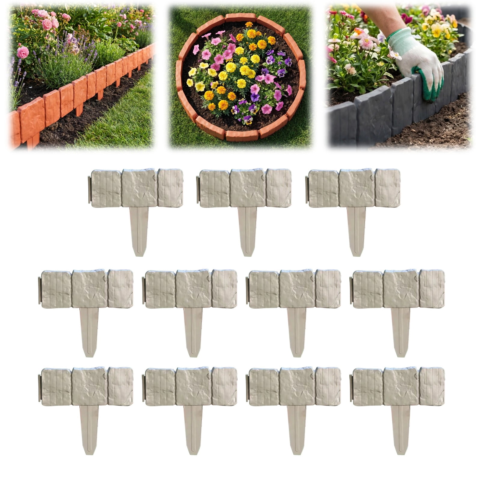 20PCS Imitation Stone Garden Fence, Stone-Look Lawn Edging Border for Flower Beds, Plastic Garden Retaining Edging Fence, Flexible Interlocking Landscape Edging, No Dig Decorative Lawn Border
