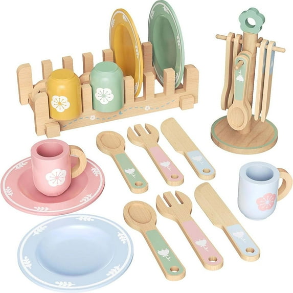 20PCS Kids Kitchen playset Wooden Kitchen Set for Girls and Boys, Montessori Toys for 1-6 Year Old Toy Dishes Baby Kitchen Set, Pretend Wooden Play Kitchen Accessories Toys for Toddlers