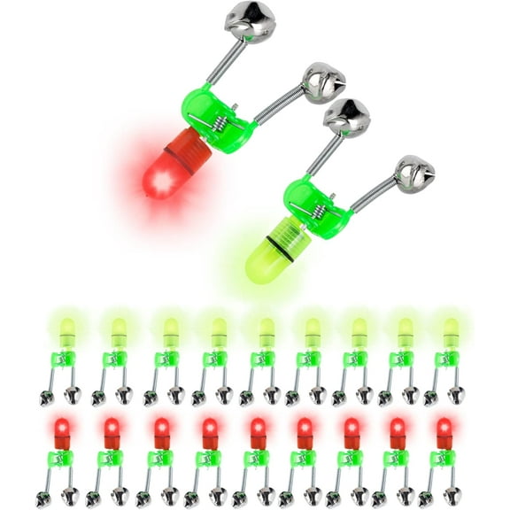 20PCS LED Night Fishing Rod Bite Bait Alarm Light with Twin Bells Ring Fishing Bite Alarm Indicator On Fishing Rod