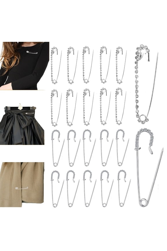 20PCS Lead-Safe Rhinestone Decorative Safety Pins, 2.24 Inch Matte Silver Alloy Pins for Fastening, Embellishing, Sewing Projects and Costume Design