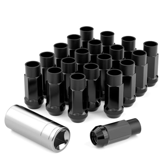 20PCS M12x1.5 Black Lug Nuts Open End Bulge Acorn, 17mm Hex 50mm Height Wheel Lug Nuts for Aftermarket Wheels with 1 Spline Key