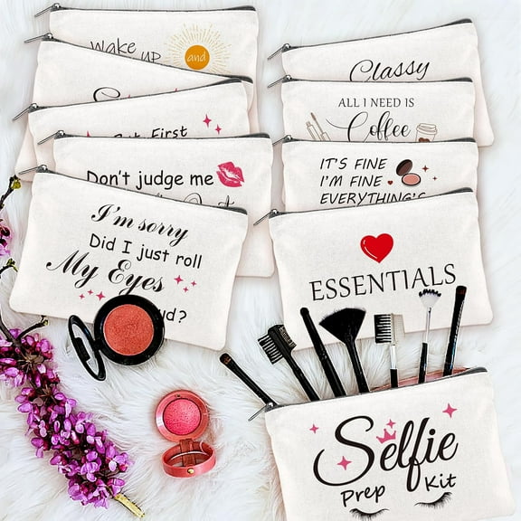 20PCS Make Up Bags Bulk Funny Canvas Cosmetic Bag Inspirational Toiletry Bags Bulk Makeup Pouches for Women Double Sided Printing Bulk Travel Pouch Bulk Gifts for Women Sister Employee