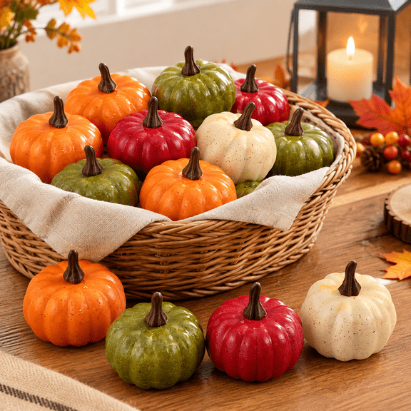 20PCS Mini Artificial Pumpkins, Fall Harvest Simulation Pumpkins Decor Fake Fruit Home Decor for Halloween Thanksgiving Party Decorations (Orange, Green, White, Red)