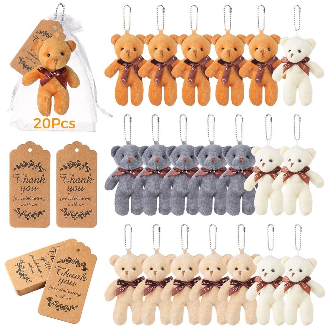 20PCS Mini Bear Stuffed Plush Bear, Mini Bear Bulk with Thank You Tag Organza Packing Bag, for Guest Baby Shower Souvenirs Birthday Christmas Gift