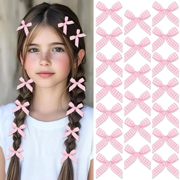 20PCS Mini Hair Bow Clips Gingham Craft Bows for Hair Small Hair Bows Cute Hair Bowknot Barrettes Sweet Hair Ribbon Alligator Clips Accessories for Teens and Girls
