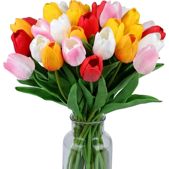20PCS Multicolor Tulips Artificial Flowers Faux Tulip Stems Real Feel PU Tulips for Easter Spring Wreath Wedding Bouquet Centerpiece Floral Arrangement Cemetery Table Décor 13" Tall