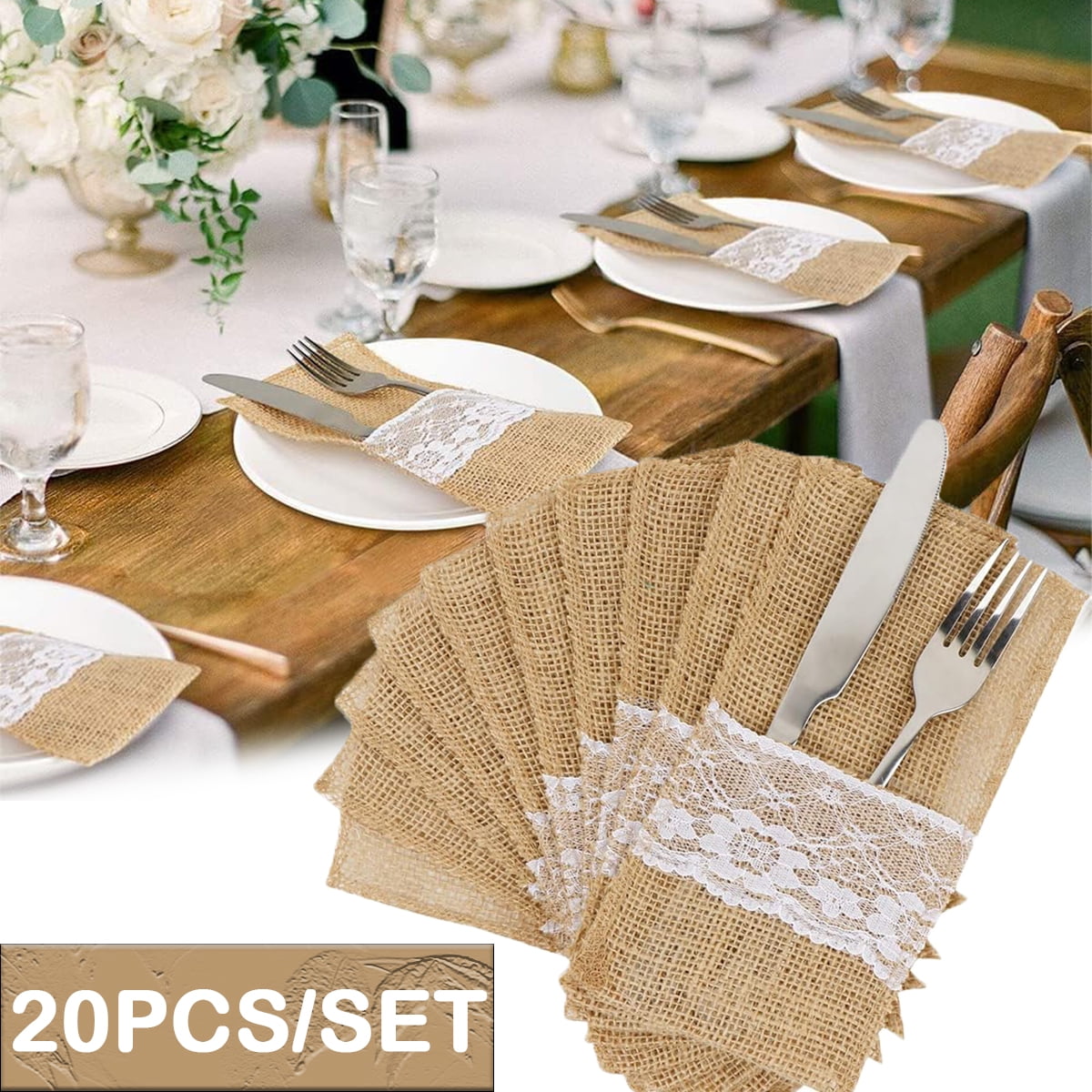 20PCS Natural Burlap Lace Utensil Cutlery Holders Pouch Bags Knifes ...