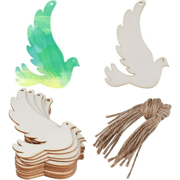 20PCS Pigeon Unfinished Wood Cutout Hanging Wooden Christmas Tags Pendants Slices Ornaments Sets with Hole Ropes for Wedding Christmas Birthday Themed Party Decoration Painting Arts Home