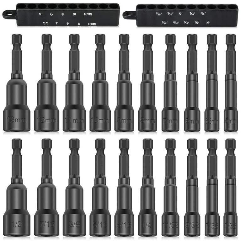20PCS Nut Driver Set for Impact Drill 65mm 1 4 Hex Head Drill Bit Set SAE Metric Screwdriver Socket Set Black Walmart