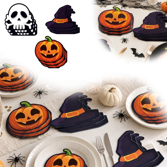 20PCS Pumpkin and Witch Hat Shaped Paper Napkins, Disposable Cocktail Napkins with Spooky Designs, for Halloween Party Table Decorations, Lazyguy