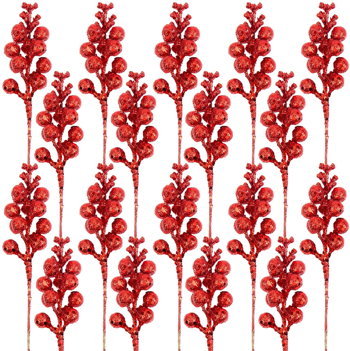 Red Glitter Artificial Berry Stems for Christmas Tree Decorations, 7.8 Inch, 20 Pcs