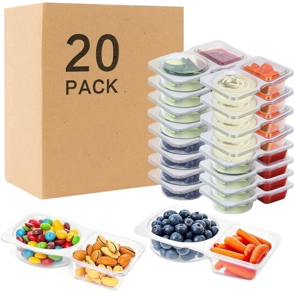 20 Pack Reusable Snack Containers with Lids, 2-Compartment Condiment Containers, Leak-Resistant Portion Control Snack Box for Lunch, Sauce, Travel & Refrigerator