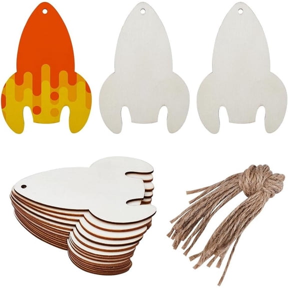 20PCS Rocket Wooden Cutout Unfinished Wood Pendants Blank Wood Slices Ornaments Hanging Sets with Hole Ropes Gift Tag for Crafts Wedding Christmas Birthday Outer Space Themed Party Decor for DIY