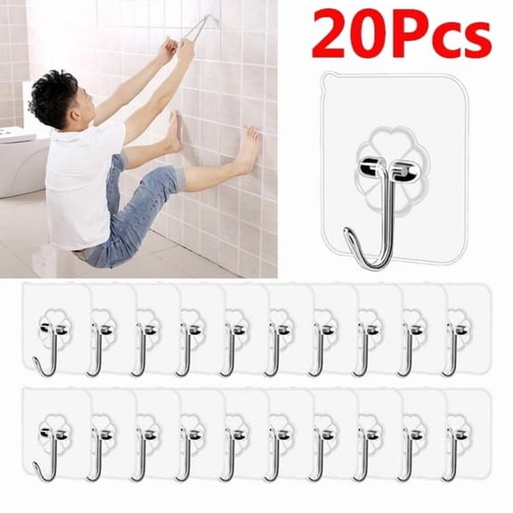 20PCS Self Adhesive Wall Hooks Heavy Duty Wall Hook Transparent Stick on Hooks Invisible Seamless Hooks Waterproof Self Adhesive Hanger Oilproof for Kitchecn Bathroom