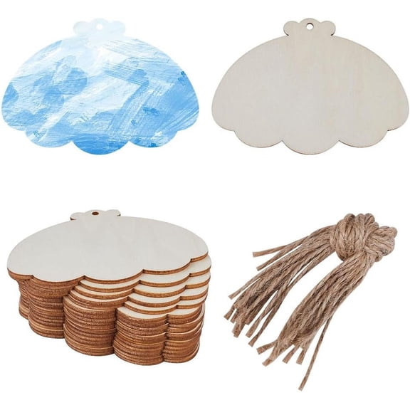 20PCS Shell Wooden Cutout Unfinished Blank Wood Hanging Slices Ornaments Sets with Hole Ropes Pendants for DIY