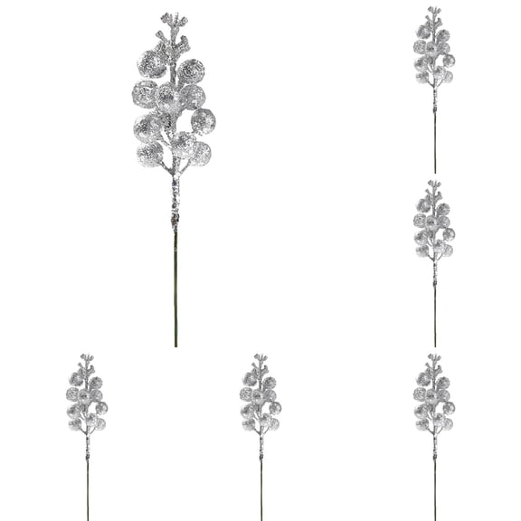 20PCS Silver Glitter Berry Picks – Artificial Fruit Stems for Christmas Tree, Winter Wedding & Holiday Home Decorations