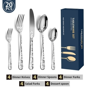 20PCS Silverware Set, Stainless Steel Flatware Set 4 Knives 4 Forks 4 Spoons 4 Tea Forks 4 Teaspoons with Beautiful Flower Pattern for Kitchen Restaurant Party Sliver