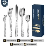 20PCS Silverware Set, Stainless Steel Flatware Set 4 Knives 4 Forks 4 Spoons 4 Tea Forks 4 Teaspoons with Beautiful Flower Pattern for Kitchen Restaurant Party Sliver