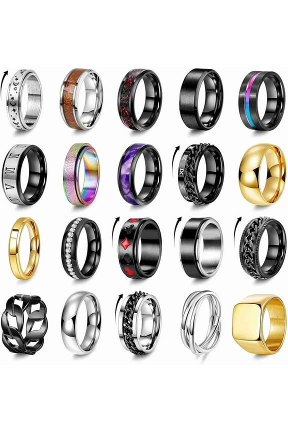 20PCS Stainless Steel Band Rings for Men Women Stress Anxiety Relief Spinner Rings Black Cool Fidget Chain Ring Gold Square Wedding Promise Ring Size 7-13