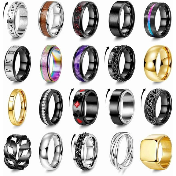 20PCS Stainless Steel Band Rings for Men Women Stress Anxiety Relief Spinner Rings Black Cool Fidget Chain Ring Gold Square Wedding Promise Ring Size 7-13