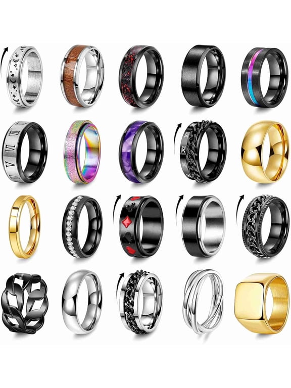 20PCS Stainless Steel Band Rings for Men Women Stress Anxiety Relief Spinner Rings Black Cool Fidget Chain Ring Gold Square Wedding Promise Ring Size 7-13
