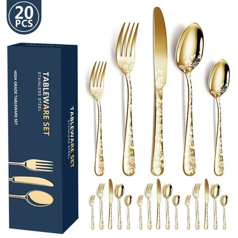 20PCS Stainless Steel Silverware Set, Mirror-Polished Cutlery Flatware Set 4 Knives 4 Forks 4 Spoons 4 Tea Forks 4 Teaspoons with Beautiful Flower Pattern for Kitchen Restaurant Party