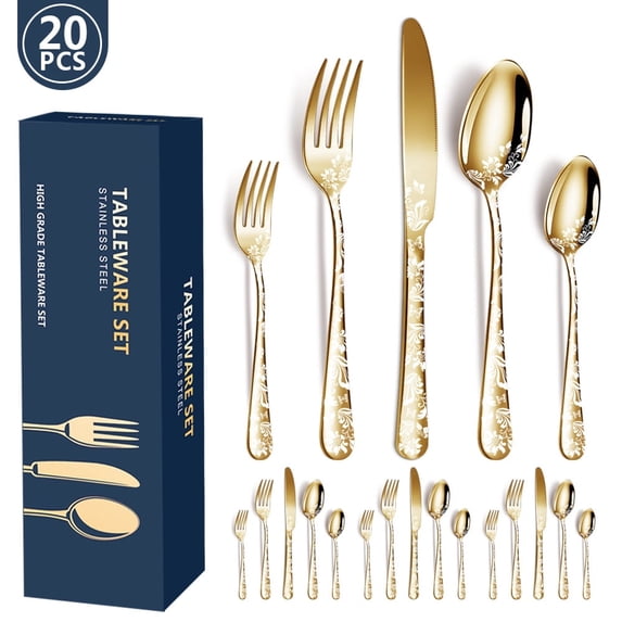 20PCS Stainless Steel Silverware Set, Mirror-Polished Cutlery Flatware Set 4 Knives 4 Forks 4 Spoons 4 Tea Forks 4 Teaspoons with Beautiful Flower Pattern for Kitchen Restaurant Party