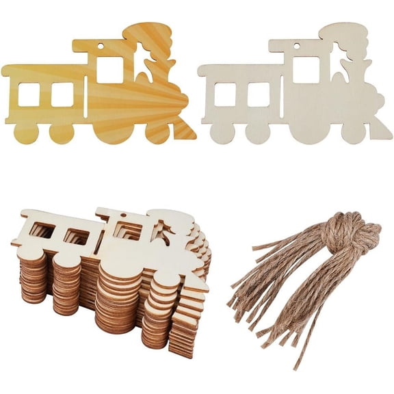 20PCS Train Wooden Cutout Vehicle Unfinished Wood Pendants Blank Wood Slices Ornaments Gift Tag Hanging Sets with Hole Ropes for Crafts Wedding Christmas Birthday Themed Party Decoration PapayaWhip