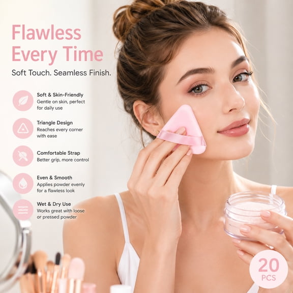 20PCS Triangle Powder Puff Set, Soft Velour Makeup Powder Puffs with Finger Strap, Reusable Face Powder Puff for Loose Powder, Foundation, Setting Powder and Makeup Blending, Pink