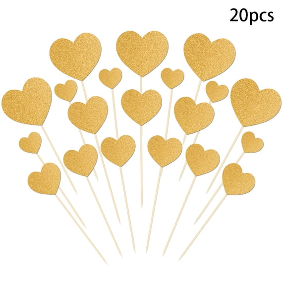 20PCS Valentine's Day Decorative Glitter Heart Cake Toppers, Romantic Paper Flag Decor for Cupcakes & Party Desserts